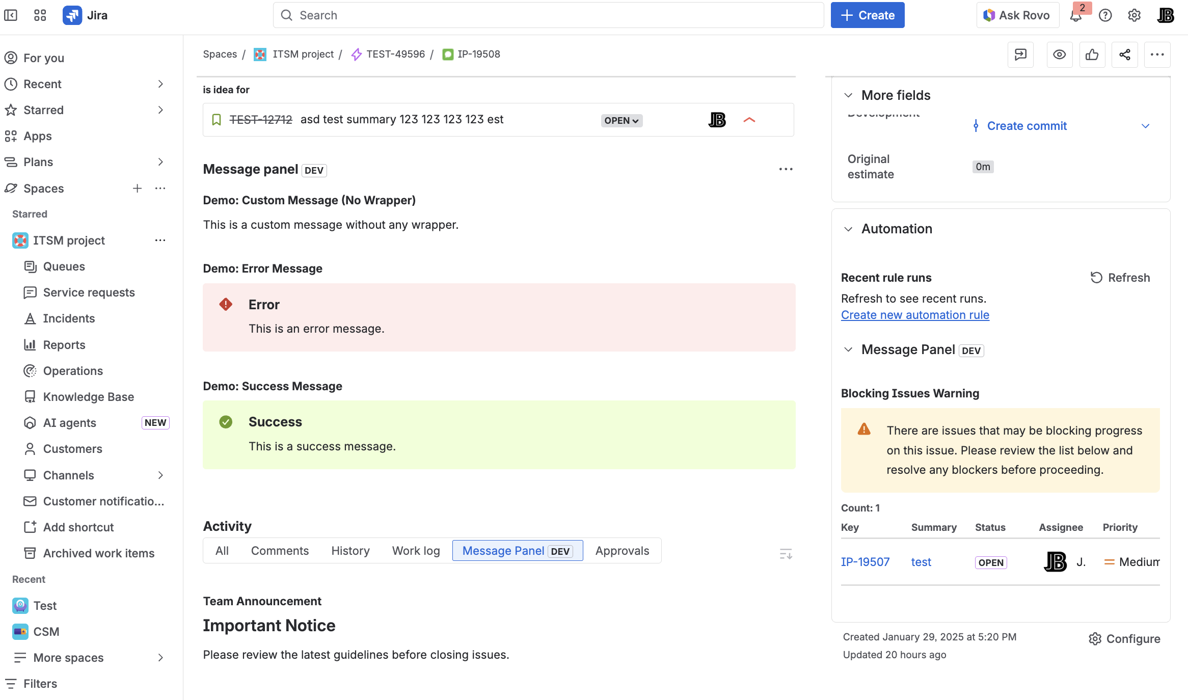 Message Field on Jira issue